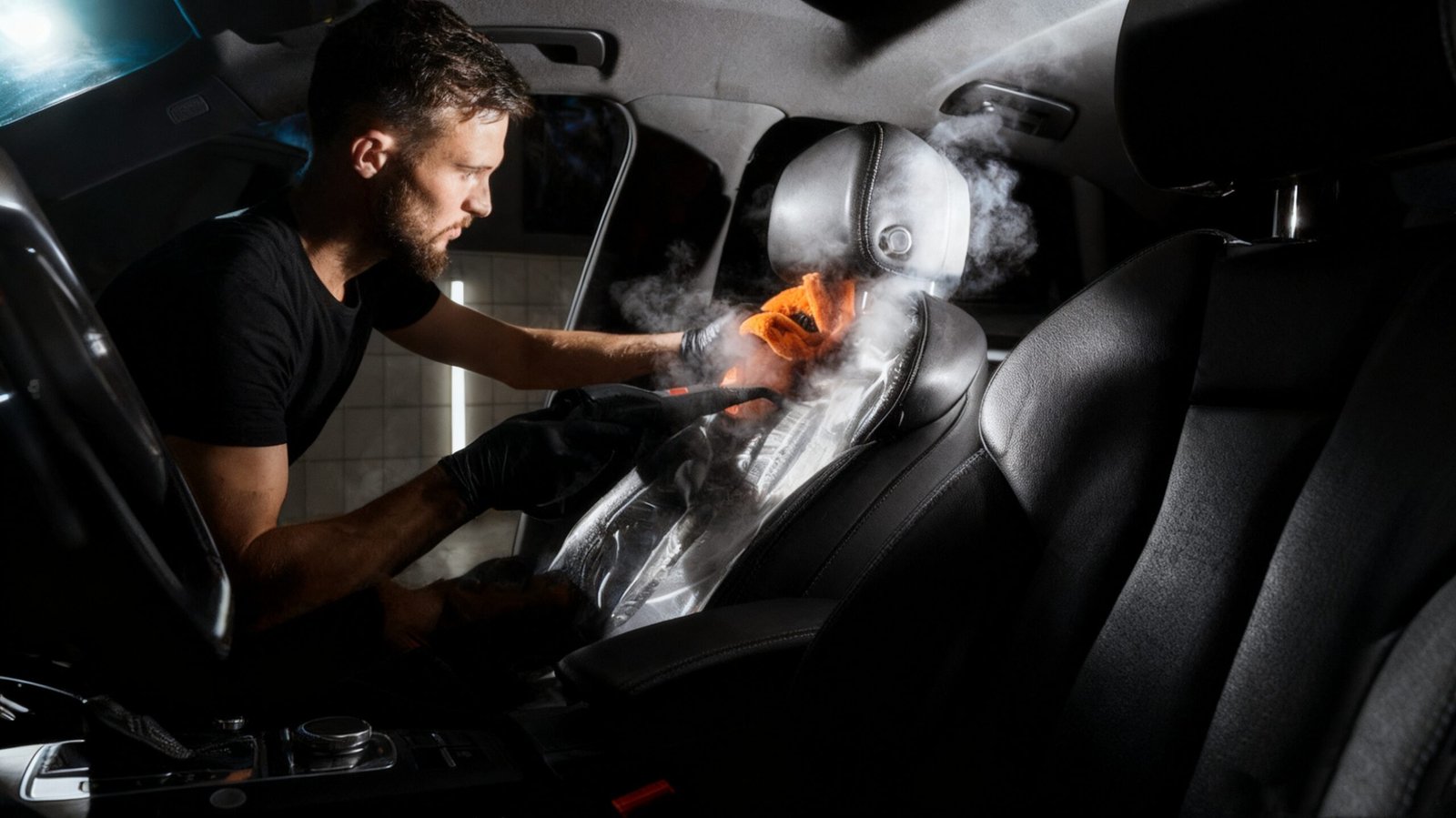 A handsome young man is washing a car.